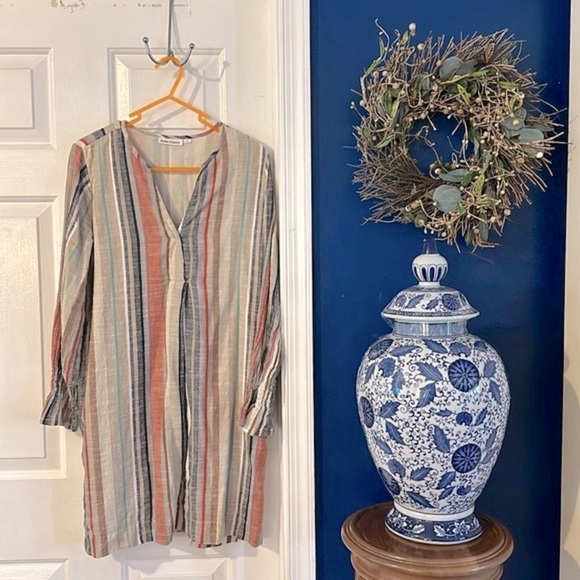 Women’s Roberta Roller Rabbit Striped Cotton Tunic Beige Pink Blue V Neck Dress - Picture 1 of 10